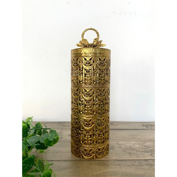Vintage Ormolu Brass Filigree Hairspray Cover Hollywood Regency Vanity Decor - Picture 2 of 10